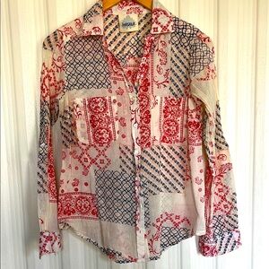 MASALA Red and Blue‎ Patterned Cream Cotton Guaze Shirt Womens S